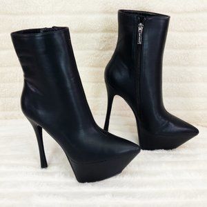 Kinder Pointy Toe Platform Stiletto Heel Ankle Boots Black Vegan Leather